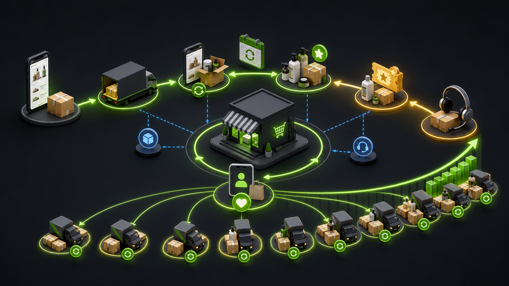 A customer lifecycle connecting delivery, service, replenishment, loyalty, and subscription to increasing repeat orders.